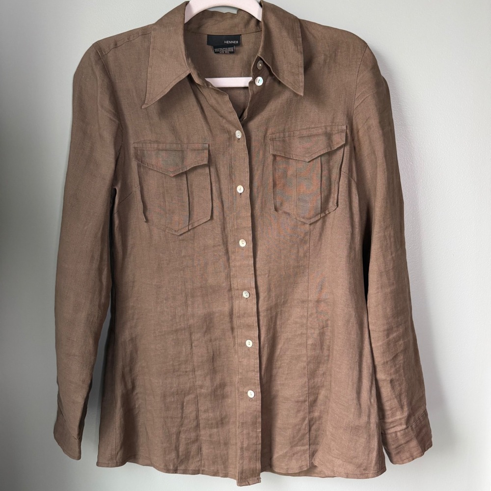 Hennes 100% Linen Brown Button Up Shirt Pockets Neutral Capsule Staple Size 6